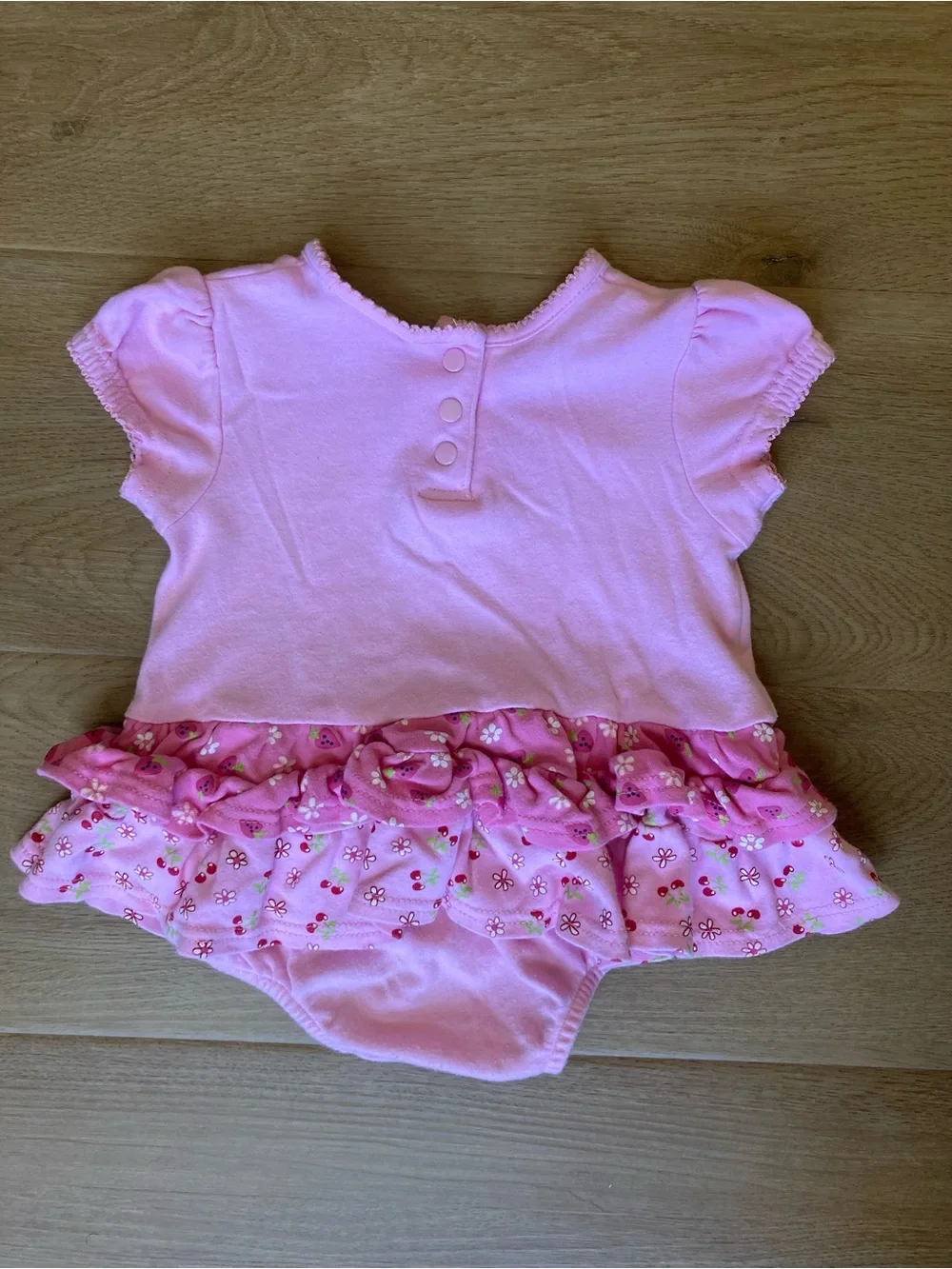 okie dokie Vintage Pink Strawberry & Cherry ‘Sweetie’ Ruffle Onesie